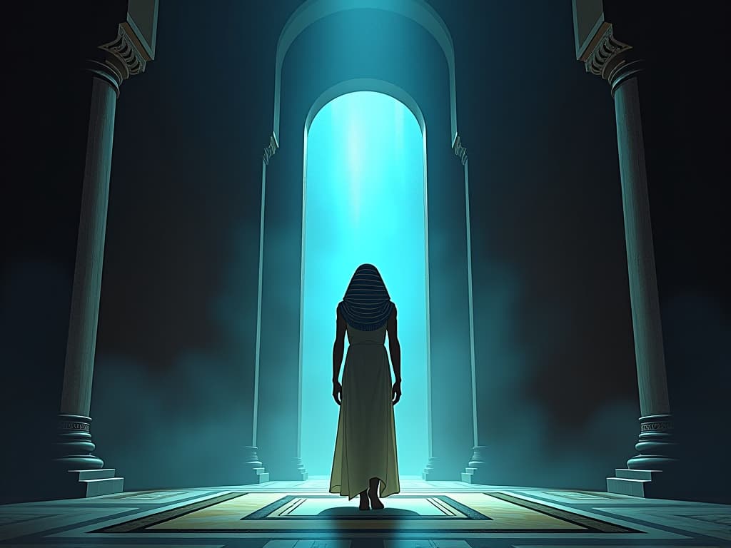  a figure entering a dimly lit room, their presence casting a bright, harmonious light, filling the room with tranquility and peace. the style is digital art illustration / modern comic book / mysterious occult, symbolic, esoteric vibe,high detail on character design, incorporating ancient egyptian symbology and attire.