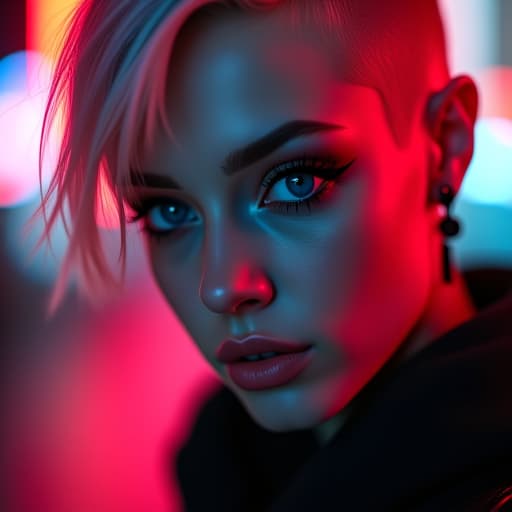  ultra realistic close up portrait ((beautiful pale cyberpunk female with heavy black eyeliner)), blue eyes, shaved side haircut, hyper detail, cinematic lighting, magic neon, dark red city, canon eos r3, nikon, f/1.4, iso 200, 1/160s, 8k, raw, unedited, symmetrical balance, in frame, 8k hyperrealistic, full body, detailed clothing, highly detailed, cinematic lighting, stunningly beautiful, intricate, sharp focus, f/1. 8, 85mm, (centered image composition), (professionally color graded), ((bright soft diffused light)), volumetric fog, trending on instagram, trending on tumblr, HDR 4K, 8K