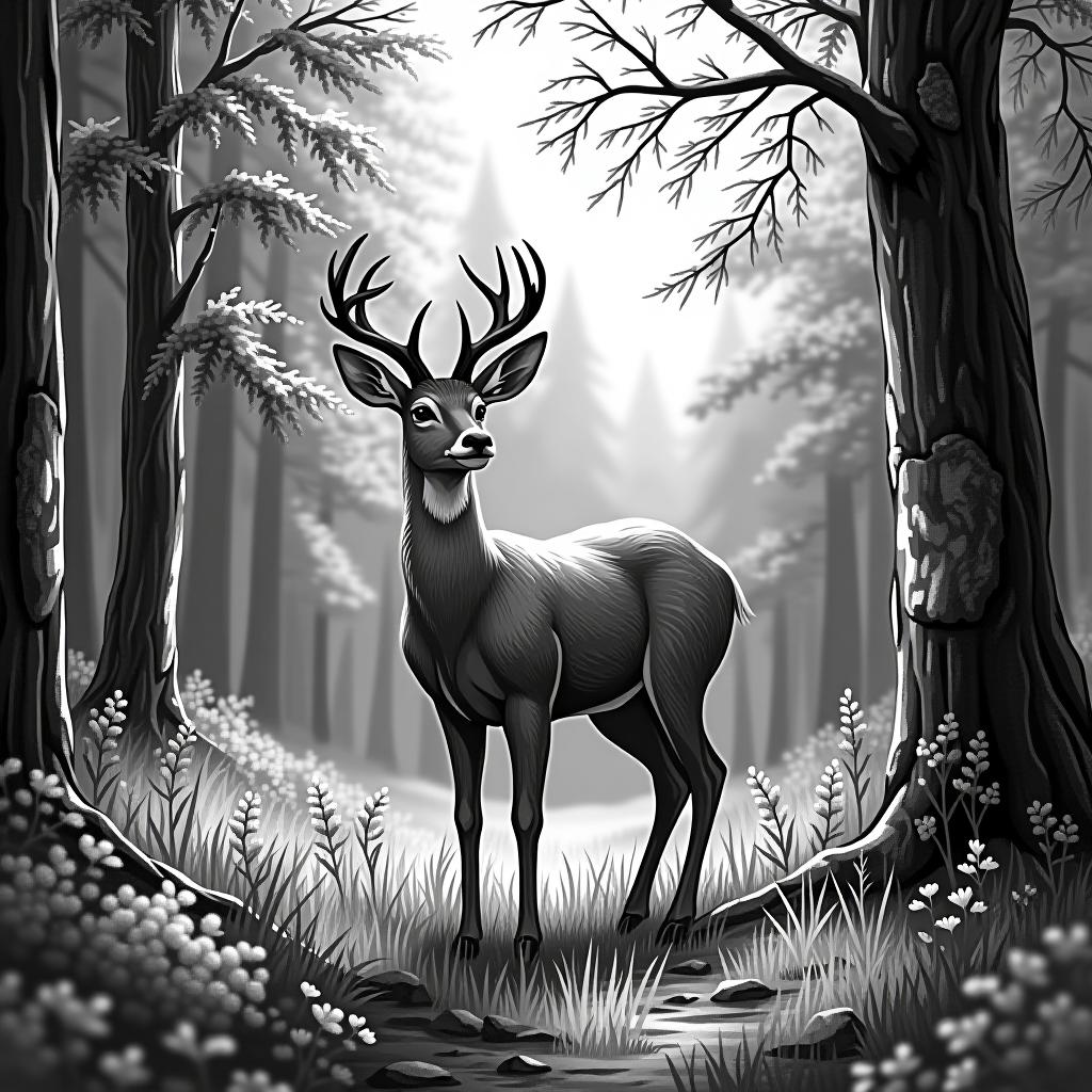  doe forest, (logo:1.15), black and white, hq, hightly detailed, 4k