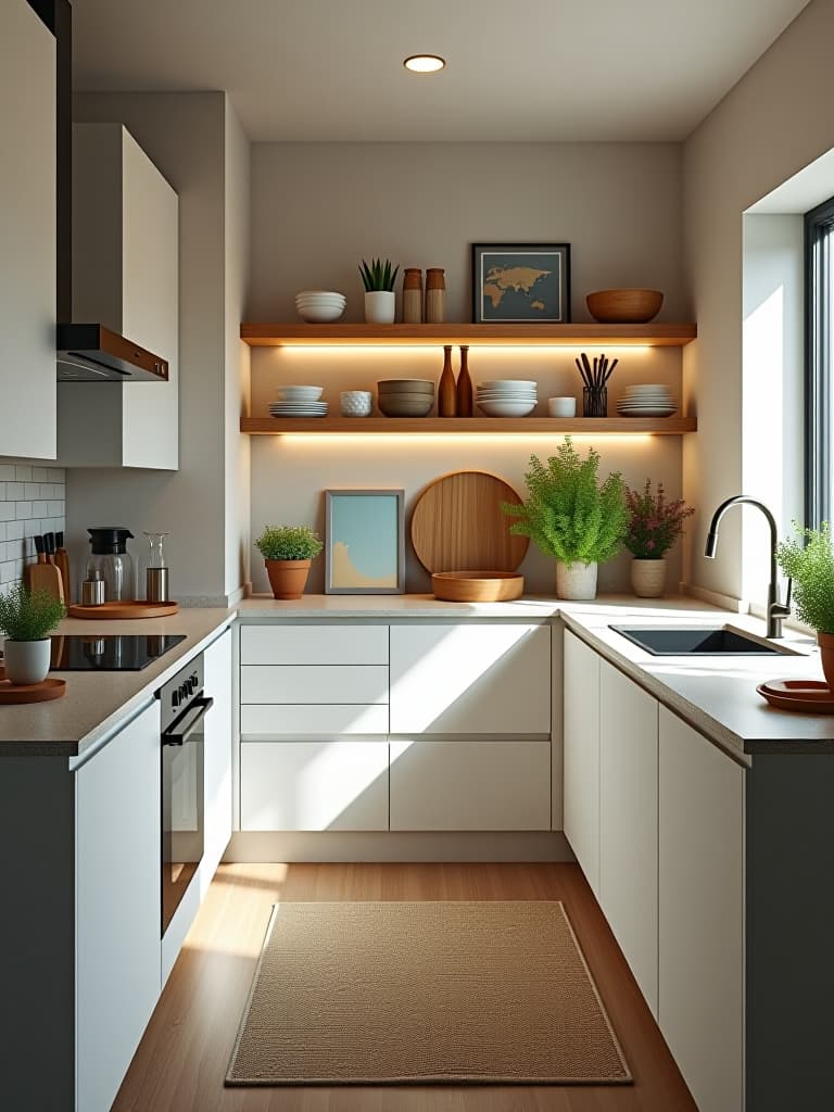  high quality portrait photo of a bright, airy small kitchen with open shelving, a compact island, and clever storage solutions, shot from a high angle to showcase the efficient layout hyperrealistic, full body, detailed clothing, highly detailed, cinematic lighting, stunningly beautiful, intricate, sharp focus, f/1. 8, 85mm, (centered image composition), (professionally color graded), ((bright soft diffused light)), volumetric fog, trending on instagram, trending on tumblr, HDR 4K, 8K