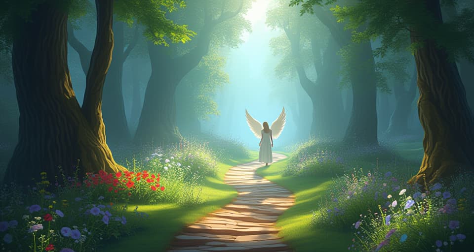  enchanting forest where an angel is clearing bright, pristine paths, allowing colorful, magical creatures to thrive and flourish freely.. the style is digital art illustration,highly detailed, whimsical,magical, dreamlike atmosphere, realism and fantasy blend, smooth, glossy textures,luminous quality, wonder and enchantment.