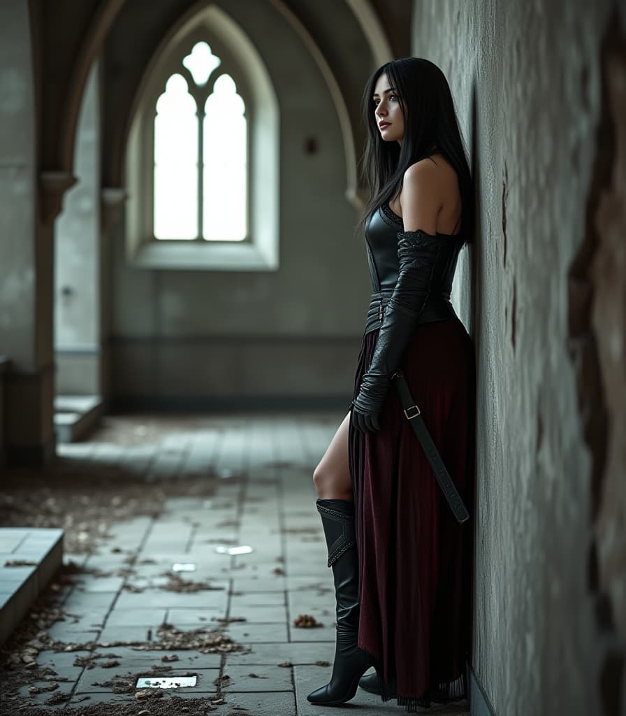  cinematic photo a young warrior woman, a dark elf with medium length black hair and pale skin, stands high against a wall in an abandoned church. he is dressed in black red leather armor and black leather high boots with a small heel. he's resting after a fight. dark fantasy. full height, side view, hyperdetail, 4k . 35mm photograph, film, bokeh, professional, 4k, highly detailed