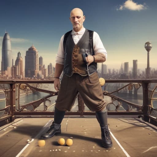 Create image of 55 year old bald man who weighs 220 dominating in pickleball in Steampunk style with City background