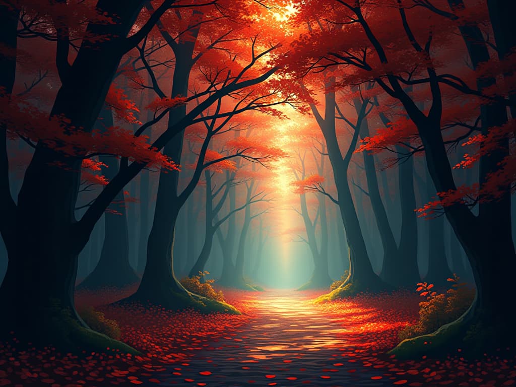  sun dappled forest path, autumn leaves scattered, gentle breeze rustling, sense of connection with nature. the style is digital art illustration / modern comic book / graphic dark novel fantasy and mysterious occult, symbolic, moody lighting, esoteric vibe,high detail on character design. for the color scheme emphasize blacks and reds.