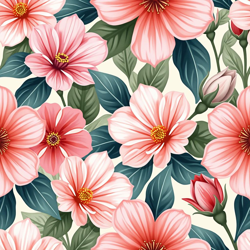  create a seamless digital design featuring a pattern of large, beautiful flowers with soft, watercolor like effects. the flowers should cover the entire surface, creating a bold, elegant, and continuous look. the overall style should be light and airy, with delicate leaves and petals to enhance the natural, floral theme. the design should be seamless to ensure it can be used in repeating patterns or wraps.