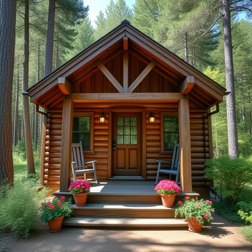  a cozy, rustic cabin nestled in the woods, showcasing the beauty of weathered wooden siding and a charming front porch with rocking chairs and blooming flower pots on a sunny day