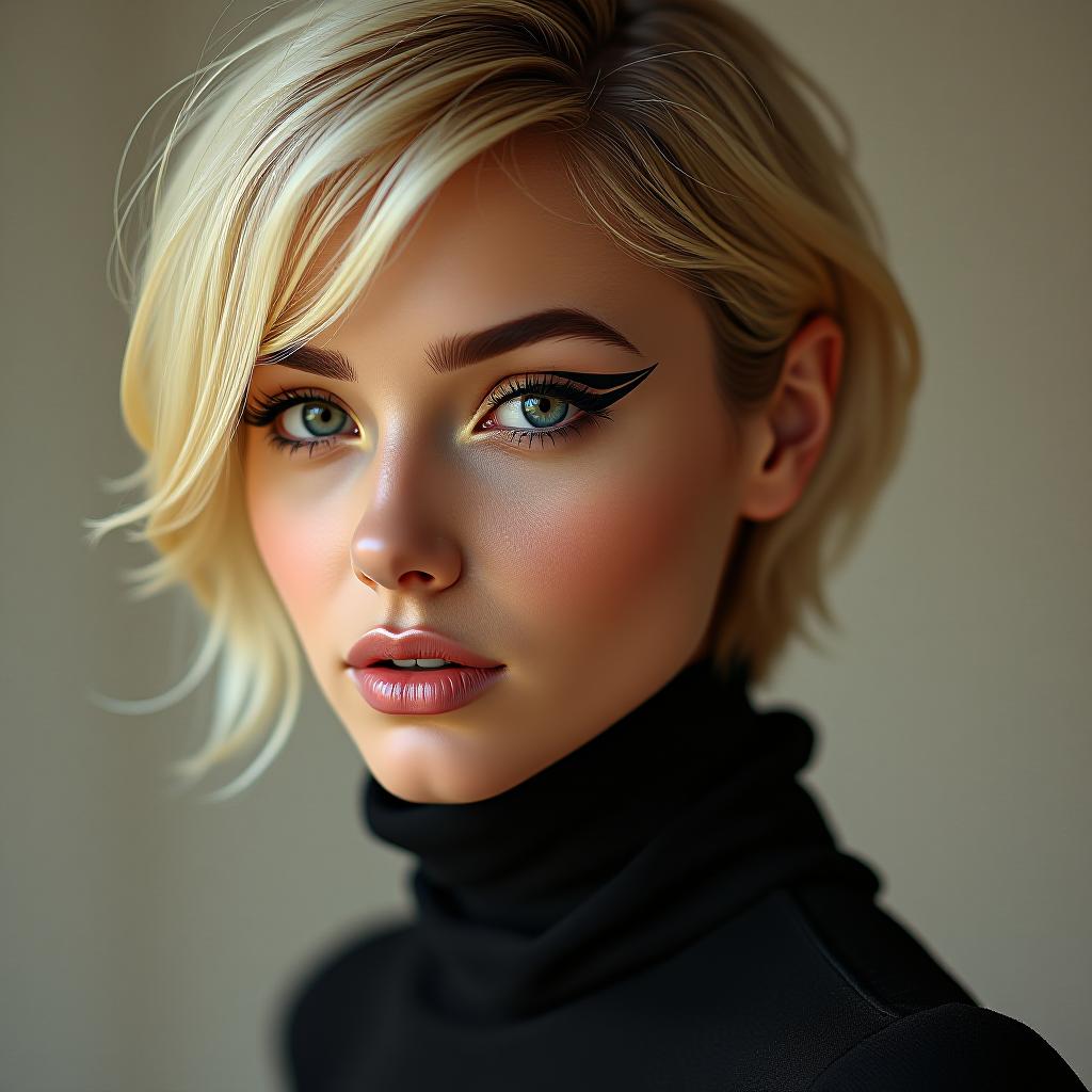  make an image of a short haired blonde woman with a turtleneck and egyptian eyeliner