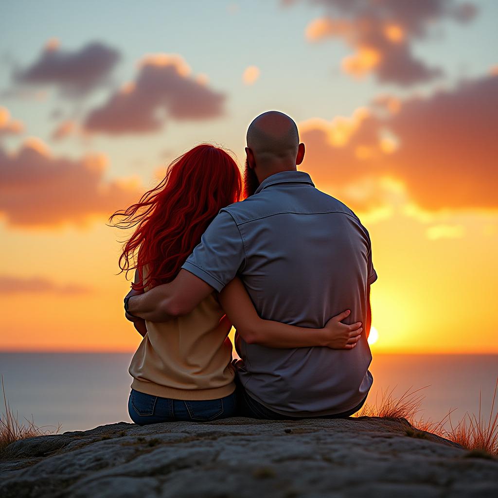  a girl with red hair and a bald man with a beard are embracing on a rock while admiring the sunset.