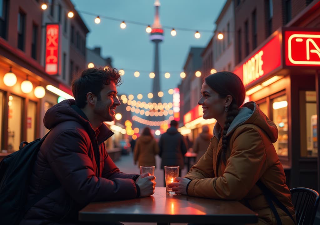  a vibrant scene depicting travelers sharing their experiences in toronto, showcasing moments of joy at iconic landmarks like the cn tower, cozy interactions in local cafés, reflections on hidden gems like kensington market, and the warmth of community at festivals, capturing the spirit of exploration and connection in the city. hyperrealistic, full body, detailed clothing, highly detailed, cinematic lighting, stunningly beautiful, intricate, sharp focus, f/1. 8, 85mm, (centered image composition), (professionally color graded), ((bright soft diffused light)), volumetric fog, trending on instagram, trending on tumblr, HDR 4K, 8K