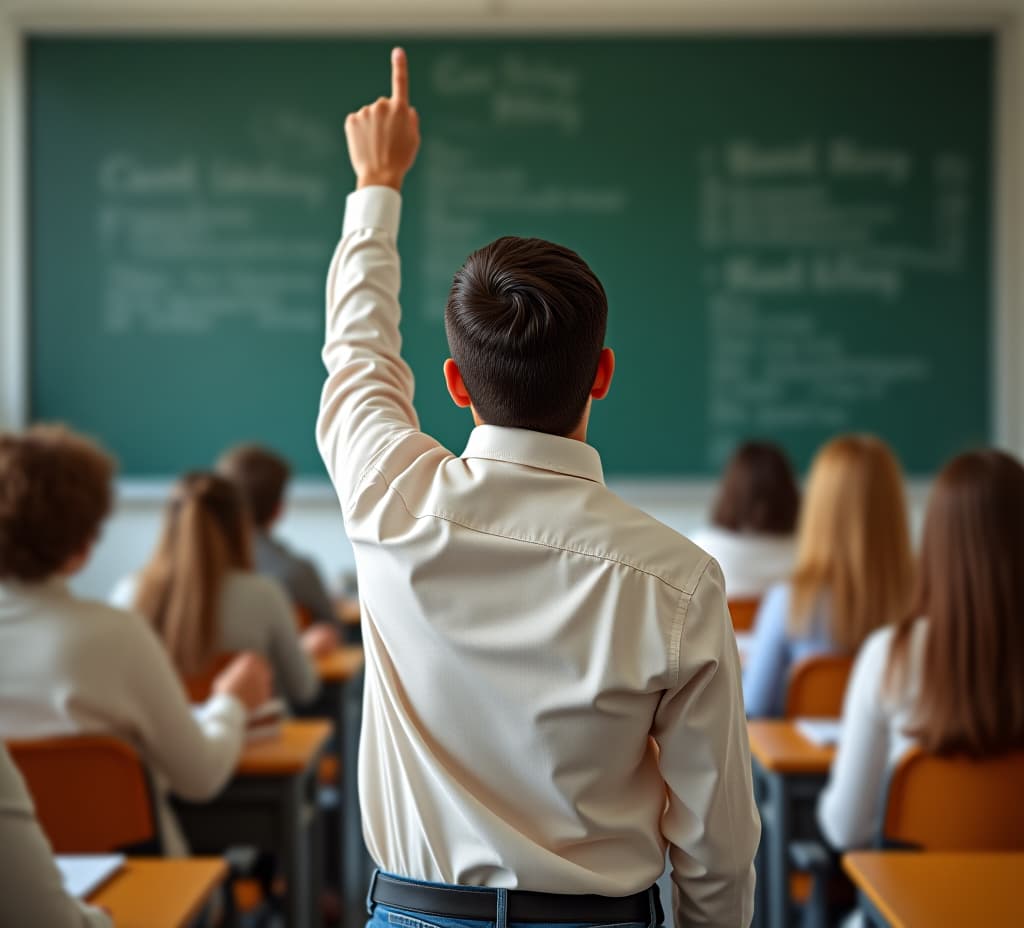  student raising hand in classroom, back view