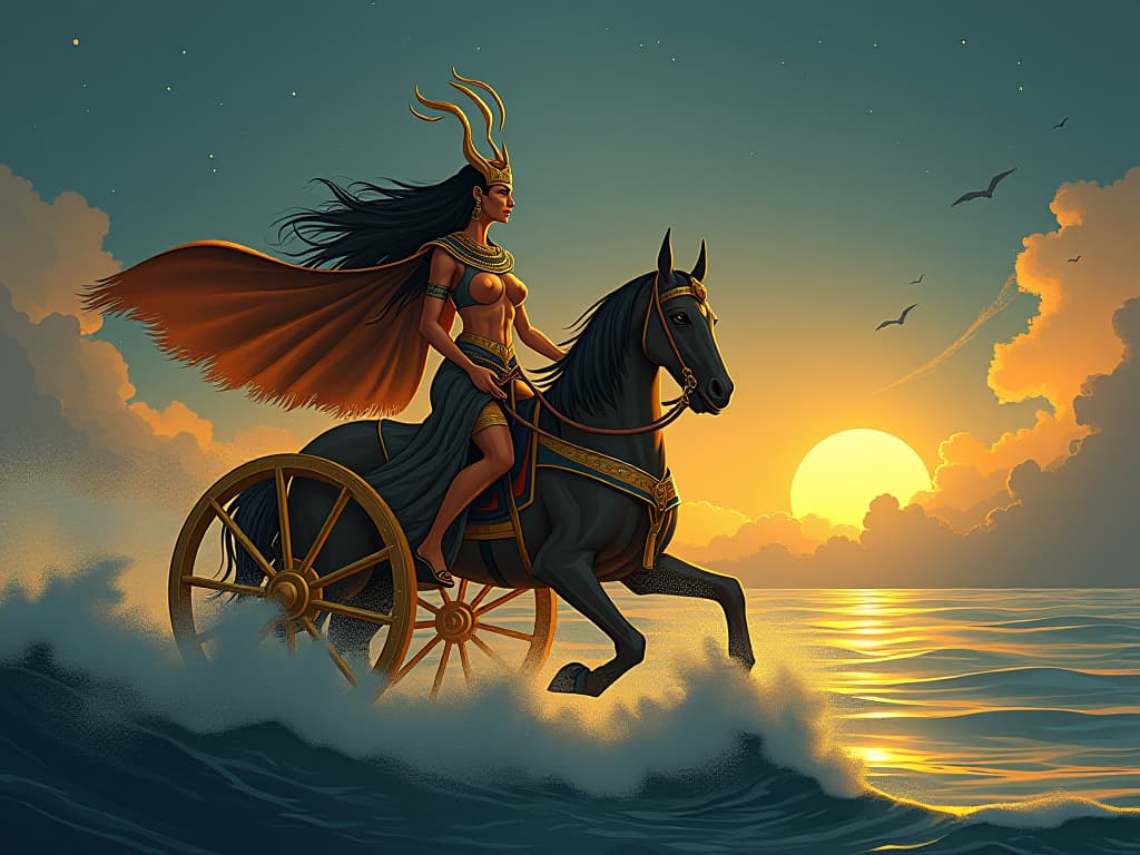  a large busted warrior queen on a golden chariot, poised at the edge of the nile, facing illuminated waves, determined expression, evening sky aglow with stars and celestial light. the style is digital art illustration / modern comic book / mysterious occult, symbolic, esoteric vibe,high detail on character design, incorporating ancient egyptian symbology and attire.