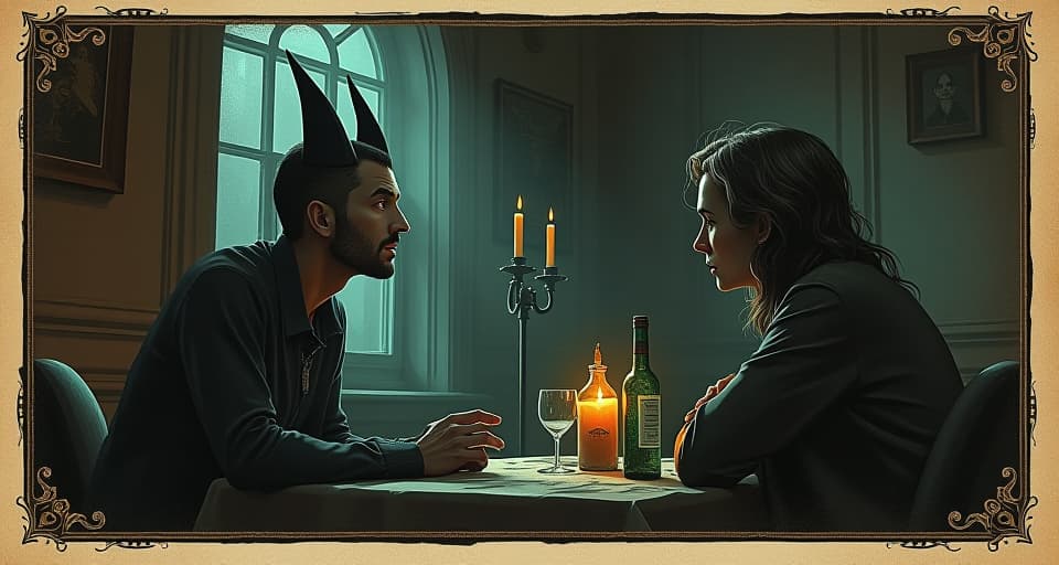  a figure interacting with another person, setting of a casual conversation, expressions of surprise and doubt, dimly lit room with soft shadows, mood of astonishment and disbelief. an illustration in the style of a worn, mystical old tarot trump card, mysterious and elements of surrealism. the colors are muted, somber and eerie, but with contrast bring out an occult and esoteric vibe.