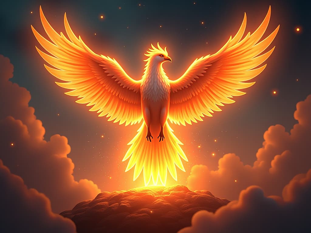  translucent phoenix rising from glowing embers, surrounded by ethereal flames, the sky filled with star dust, symbolizing transformation using negativity as a catalyst.. the style is digital art illustration,highly detailed, whimsical,magical, dreamlike atmosphere, realism and fantasy blend, smooth, glossy textures,luminous quality, wonder and enchantment.