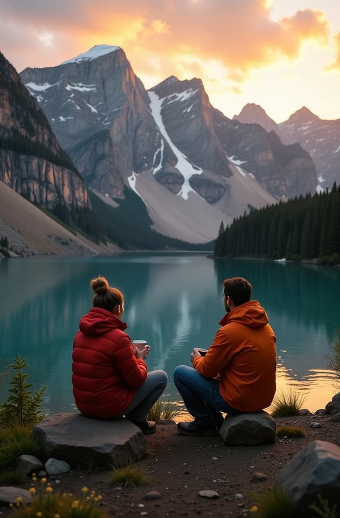  couple out camping in the mountains enjoying their morning coffee by a mountain lake at sunrise ar 2:3 {prompt}, maximum details