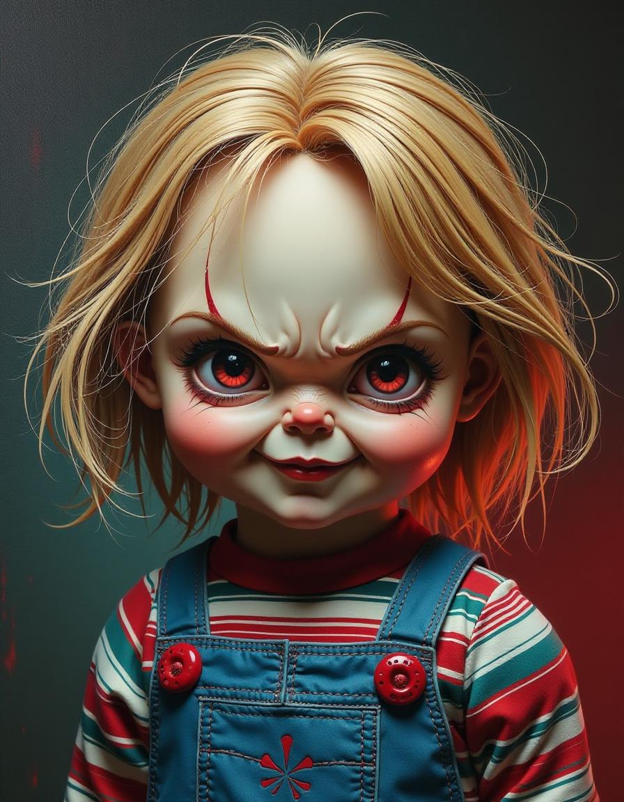  advertising poster style masterpiece, oil painting, comic book style. a children's scary doll "daisy" with sparse hair and evil eyes from horror movies. high resolution. high detail. increased attention to small details . professional, modern, product focused, commercial, eye catching, highly detailed