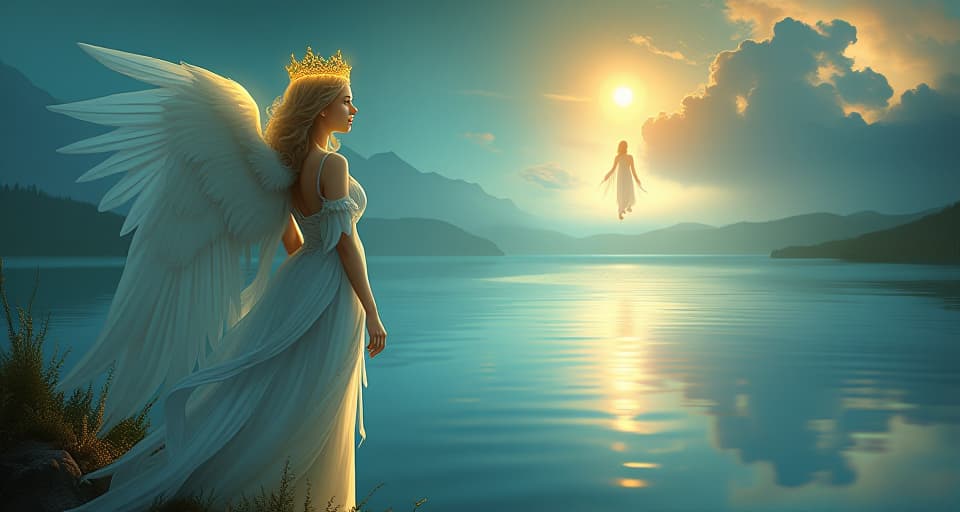  an ethereal angel with a glowing crown, standing by a luminescent lake. her reflection in the water shows a divine figure, magical creatures looking up in adoration, atmosphere of growing alignment and purpose.. the style is digital art illustration,highly detailed, whimsical,magical, dreamlike atmosphere, realism and fantasy blend, smooth, glossy textures,luminous quality, wonder and enchantment.