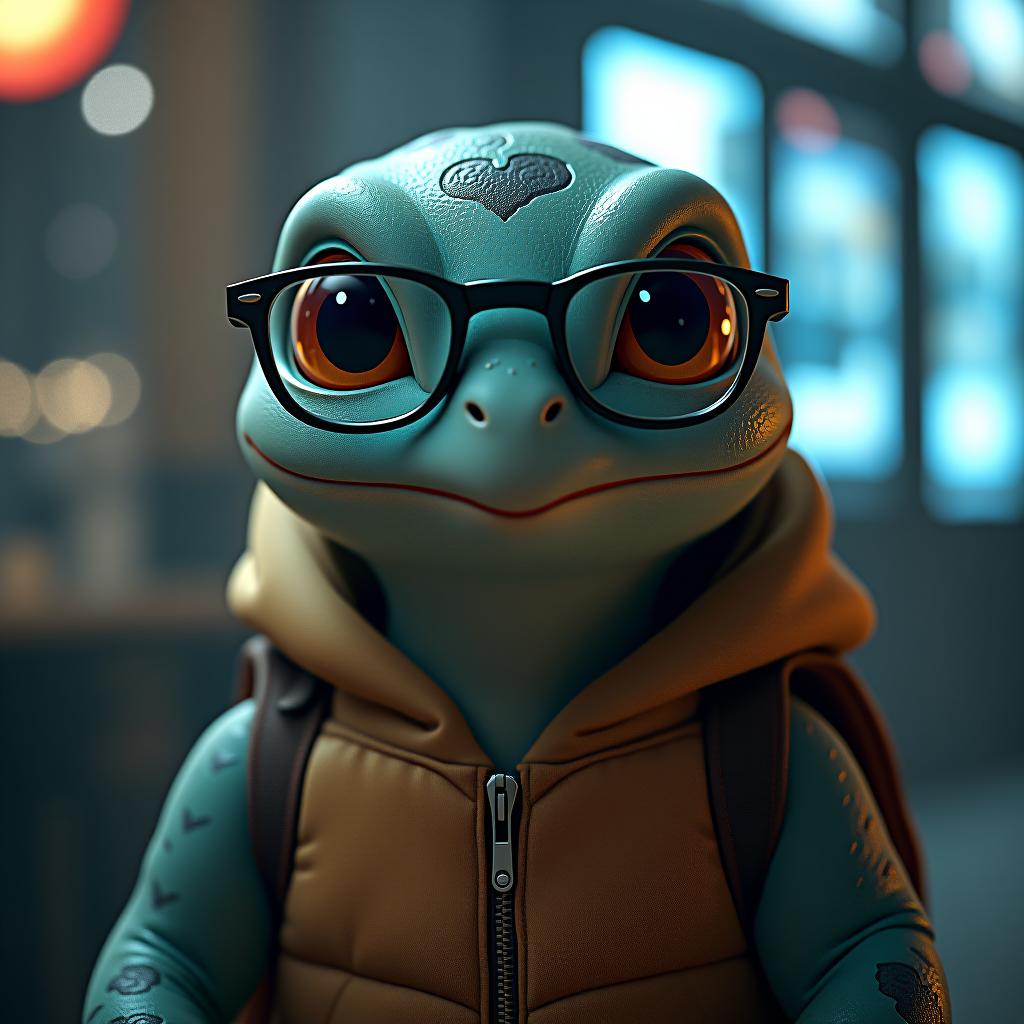  squirtle with glasses hyperrealistic, full body, detailed clothing, highly detailed, cinematic lighting, stunningly beautiful, intricate, sharp focus, f/1. 8, 85mm, (centered image composition), (professionally color graded), ((bright soft diffused light)), volumetric fog, trending on instagram, trending on tumblr, HDR 4K, 8K