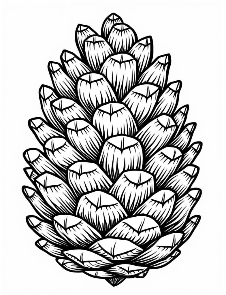  a close up of a pinecone with detailed textures, black and white line art on a white background, for an adult coloring page.