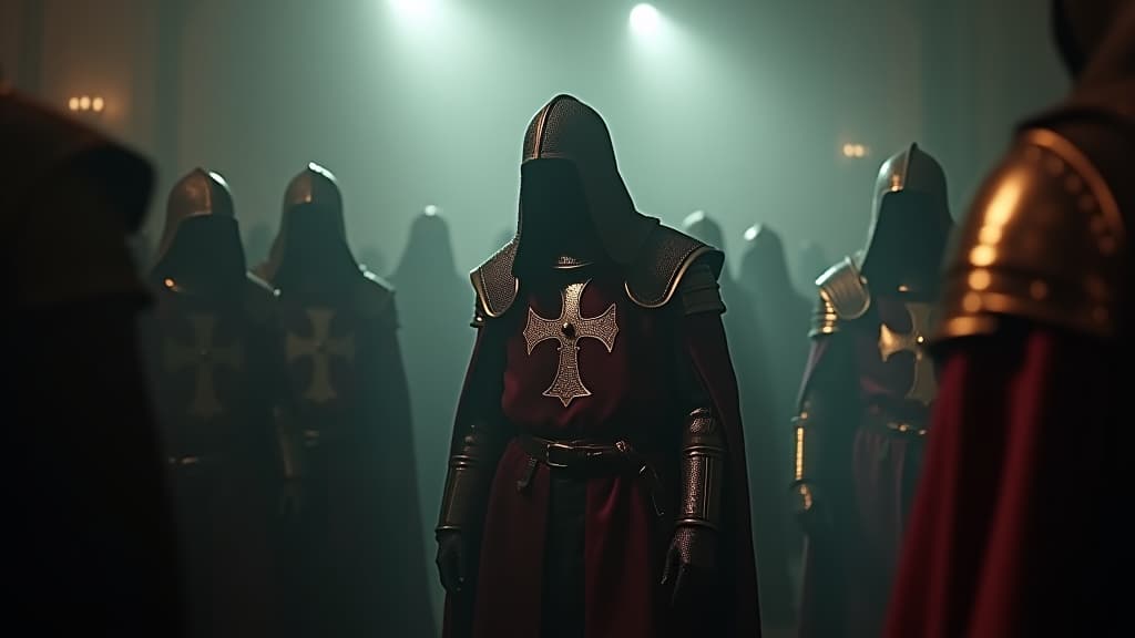  images about historical curiosities, an eerie atmosphere surrounding the arrest of jacques de molay and the other templars on october 13, 1307. hyperrealistic, full body, detailed clothing, highly detailed, cinematic lighting, stunningly beautiful, intricate, sharp focus, f/1. 8, 85mm, (centered image composition), (professionally color graded), ((bright soft diffused light)), volumetric fog, trending on instagram, trending on tumblr, HDR 4K, 8K