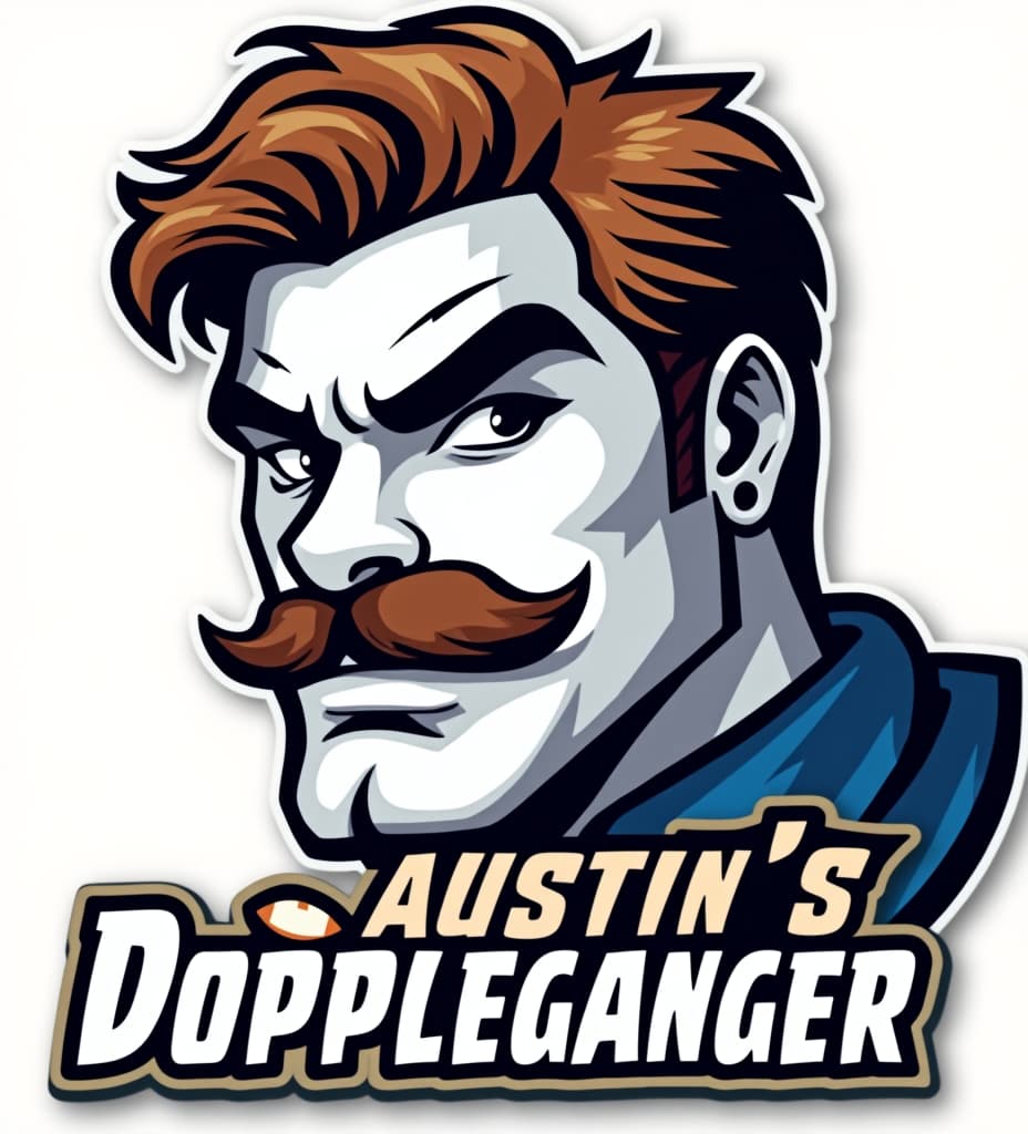  vector illustration logo for a fantasy footbal team named "austin's doppleganger". the mascot is a white guy with brown hair, bushy eyebrows and a patchy 5 o'clock shadow., short wavy hair., high quality, high details, hd, perfect composition, 4k epic detailed, highly detailed, sharp focus, high resolution