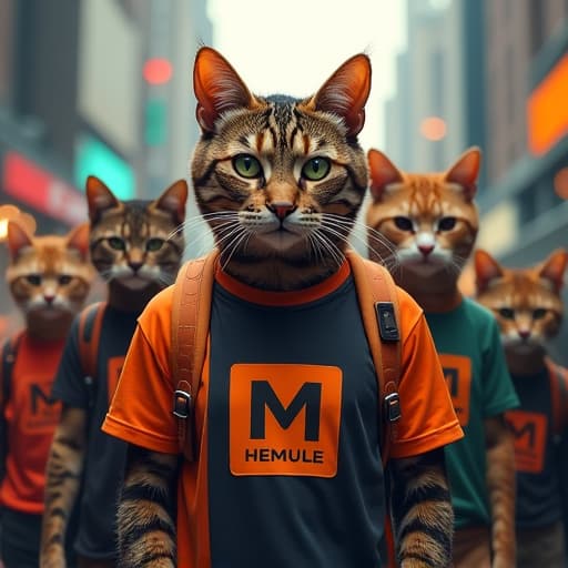  amidst a bustling cityscape backdrop, envision hemule, the anthropomorphic tabby cat, surrounded by a team of 10 feline companions. each cat sports a unique t shirt emblazoned with the bold logo of the marketing department. hemule, with his rebellious charm and impeccable style, stands at the forefront, his green eyes gleaming with determination. the scene exudes an edgy vibe, capturing the essence of a creative marketing team in action. the meticulous rendering of fur textures, vibrant t shirt designs, and urban details blurs the boundaries between fantasy and reality, immersing the viewer in a world where cats lead the charge in the corporate world. hyperrealistic, full body, detailed clothing, highly detailed, cinematic lighting, stunningly beautiful, intricate, sharp focus, f/1. 8, 85mm, (centered image composition), (professionally color graded), ((bright soft diffused light)), volumetric fog, trending on instagram, trending on tumblr, HDR 4K, 8K