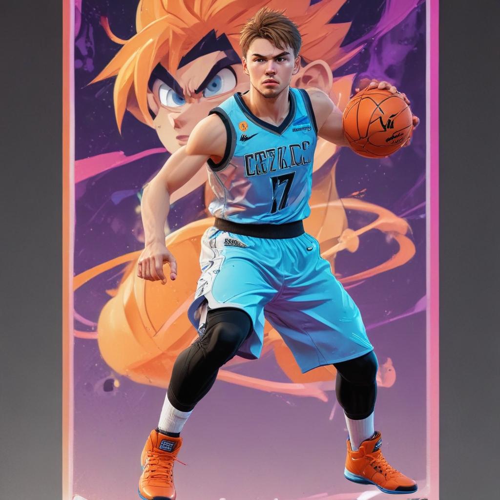 distance-shot, flashy, full-body, dynamic, holographic, animated cartoon poster of luka doncic in the style of dragon ball super