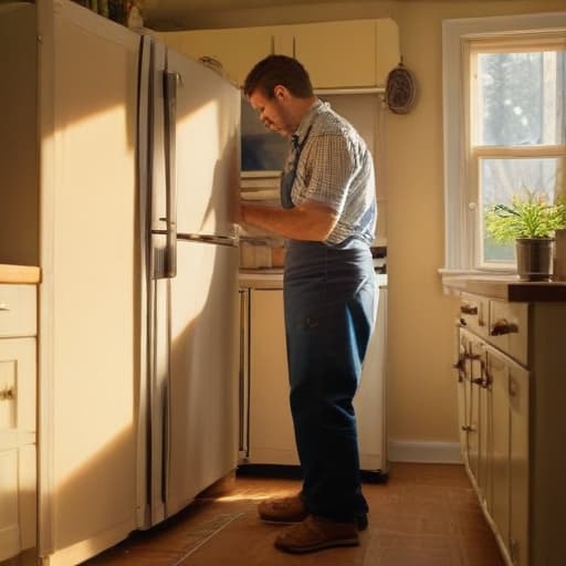 A photo of a skilled appliance technician meticulously repairing a vintage refrigerator in a cozy and retro-styled kitchen during the late afternoon with warm, golden light streaming through a nearby window, casting soft shadows and creating a nostalgic ambiance.