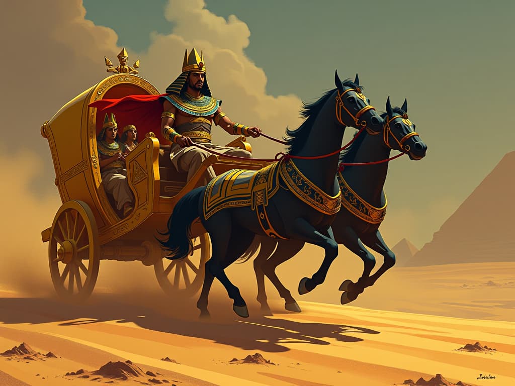  pharaoh in a golden chariot, swift horses, galloping through the desert, intense atmosphere, dynamic movement. the style is digital art illustration / modern comic book / mysterious occult, symbolic, esoteric vibe,high detail on character design, incorporating ancient egyptian symbology and attire.