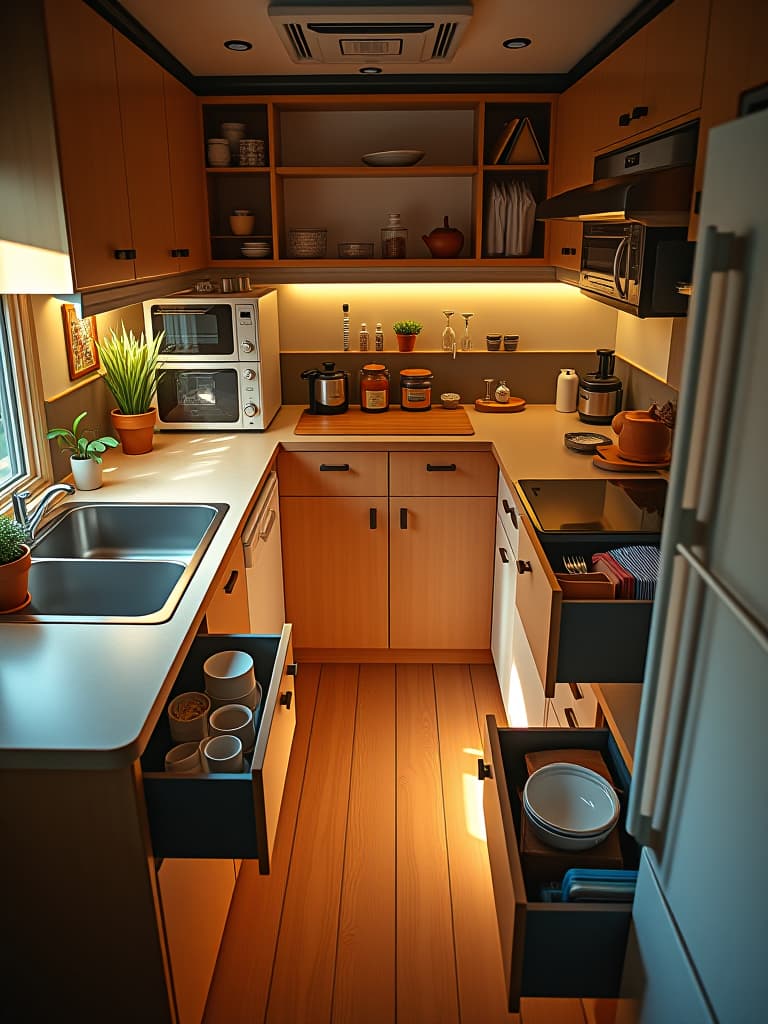  high quality portrait photo of a bird's eye view of a compact kitchen with cleverly organized drawers and cabinets, showcasing various space saving tools and gadgets in a warm, inviting color palette hyperrealistic, full body, detailed clothing, highly detailed, cinematic lighting, stunningly beautiful, intricate, sharp focus, f/1. 8, 85mm, (centered image composition), (professionally color graded), ((bright soft diffused light)), volumetric fog, trending on instagram, trending on tumblr, HDR 4K, 8K