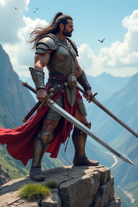  a fierce warrior standing on a high mountain peak, clad in intricately designed armor that glistens in the sunlight. the warrior has a determined expression, with sweat glistening on his brow, as he trains with a massive sword, practicing powerful swings against the wind. the background showcases a breathtaking landscape of rugged mountains and a clear blue sky. the scene conveys a sense of strength, perseverance, and dedication to self improvement, with the warrior's muscles rippling under the strain of his training. subtle details include birds soaring in the distance and the warrior's long hair flowing dramatically in the breeze.