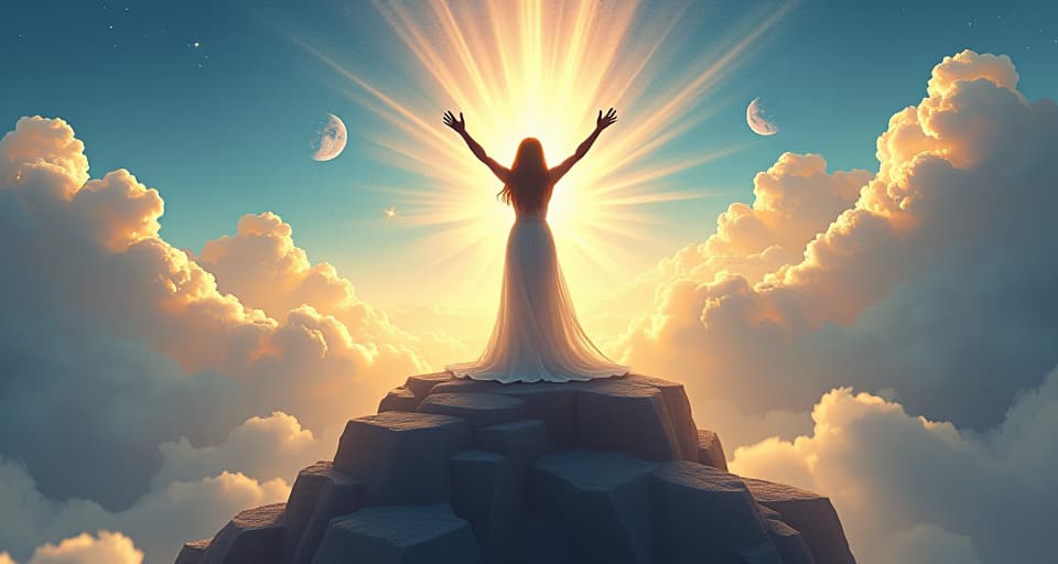  a transcendent, radiant figure standing on a celestial platform, hands lifted to the heavens. below, a majestic, shimmering landscape stretches out, embodying the strength and depth of spiritual connection.. the style is digital art illustration,highly detailed, whimsical,magical, dreamlike atmosphere, realism and fantasy blend, smooth, glossy textures,luminous quality, wonder and enchantment.