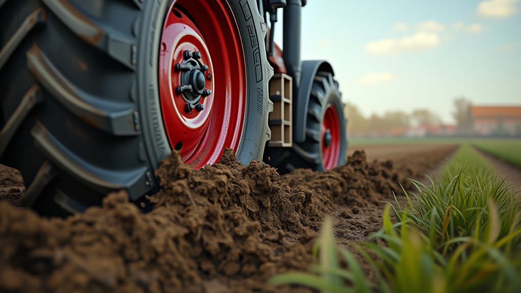  red tractor tire turning up mud in a field, high quality, high details, hd, perfect composition, 4k epic detailed, highly detailed, sharp focus, high resolution