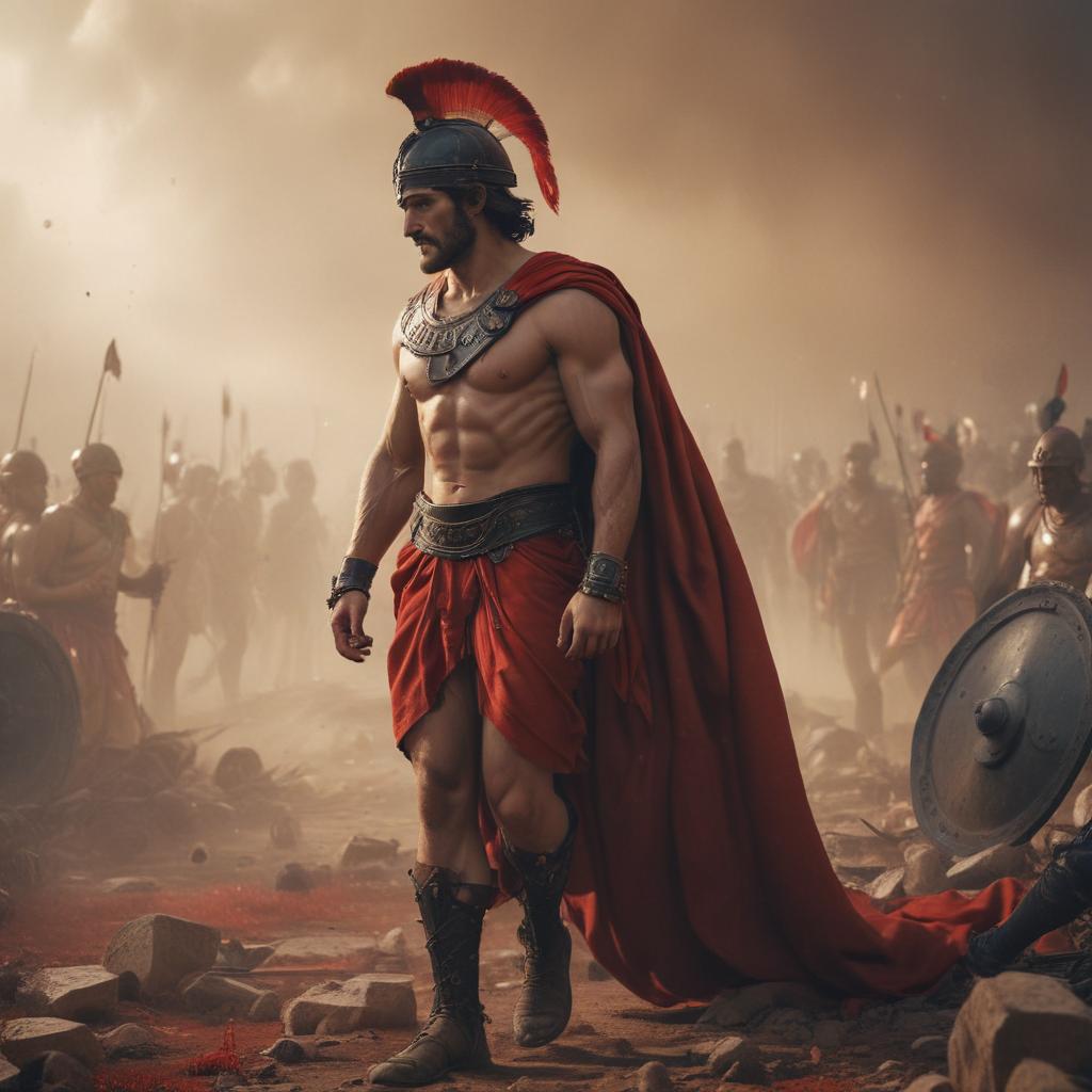 The weight of the Greek world seems to press down on Achilles as his comrades beseech him, their faces etched with desperation and fear, the tension palpable in the air, showcasing a mix of ancient Greek armor and attire, set against a backdrop of a sprawling battlefield with billowing smoke and scattered debris, rendered in a painterly style with a somber color palette and dramatic contrasts."in the style of classical Greek pottery art, with intricate black figures on a red background, depicting mythological scenes with a focus on gods and heroes, using a limited color palette of red, black, and white"This image is a breathtaking painting that captures the magical scene with vivid detail. The overall composition is spellbinding, showcasing hyperrealistic, full body, detailed clothing, highly detailed, cinematic lighting, stunningly beautiful, intricate, sharp focus, f/1. 8, 85mm, (centered image composition), (professionally color graded), ((bright soft diffused light)), volumetric fog, trending on instagram, trending on tumblr, HDR 4K, 8K