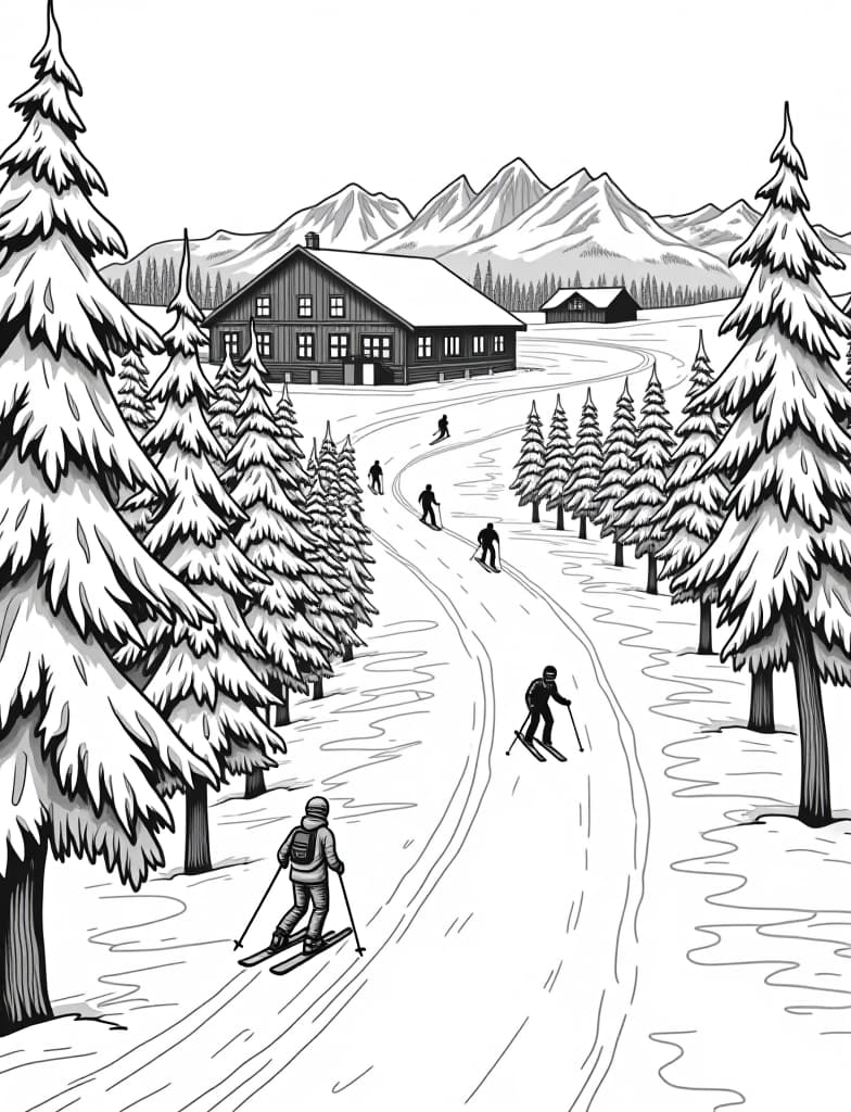  this is for an adult coloring page. a detailed black and white line art of a snowy ski resort with skiers coming down the slopes on a solid white background.