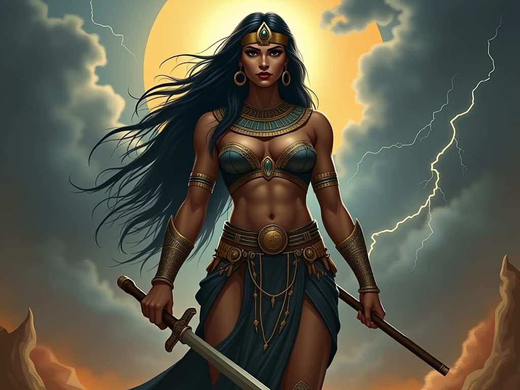  warrior goddess, large busted and imposing, standing strong amidst a stormy sky, lightning crackling around, powerful and determined. the style is digital art illustration / modern comic book / mysterious occult, symbolic, esoteric vibe,high detail on character design, incorporating ancient egyptian symbology and attire.