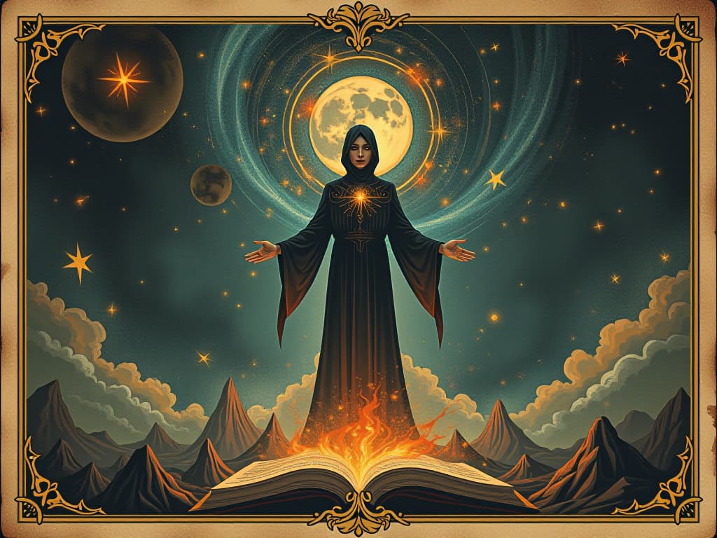  a grand cosmic symphony visualized around a figure, energies and colors blending, immersive, timeless. an illustration in the style of a worn, mystical old tarot trump card, mysterious and elements of surrealism. the colors are muted, somber and eerie, but with contrast bring out an occult and esoteric vibe.