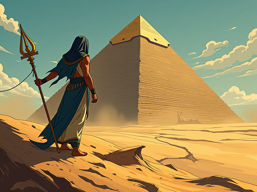  windswept sands around the base of a pyramid, cracks forming at its foundation, representing career and financial instability. the style is digital art illustration / modern comic book / mysterious occult, symbolic, esoteric vibe,high detail on character design, incorporating ancient egyptian symbology and attire.