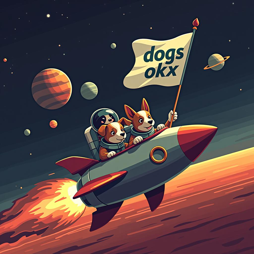  an image of several dogs in spacesuits, flying in a rocket towards mars. the rocket is sleek and futuristic, soaring through space with stars and planets visible in the background. as the rocket approaches mars, one of the dogs proudly holds a flag outside the window. the flag flutters with the phrase 'dogs okx' boldly written in capital letters. the scene captures the excitement and adventure of the dogs' mission, with the red surface of mars looming ahead and the vastness of space surrounding them.