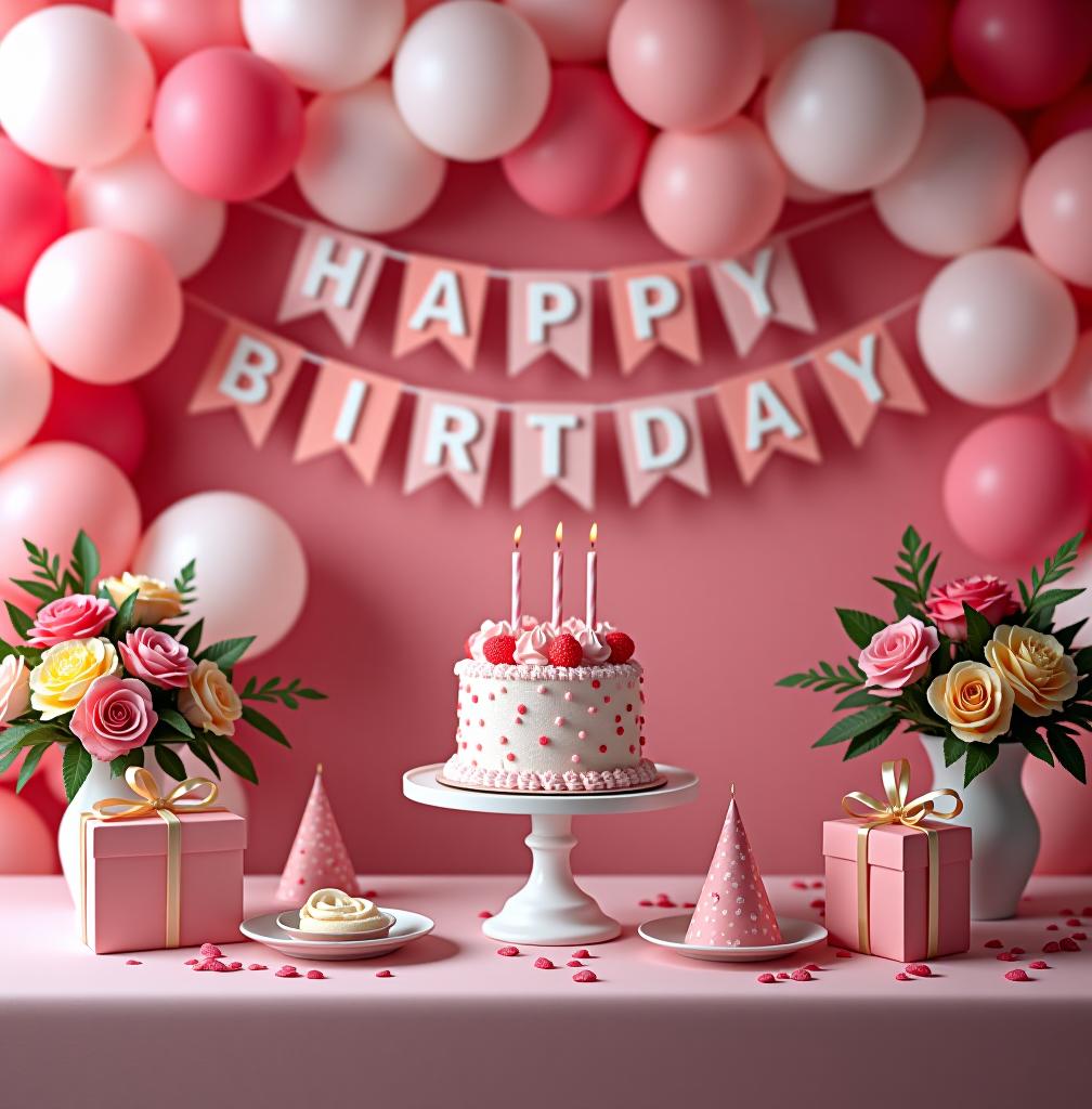  birthday photo scene, without people, rich details, visually appealing, main color tone is pink, colorful decorations, balloons, cake, presents, vibrant atmosphere, festive mood, floral arrangements, party hats, table setting, bunting banners, soft pastel colors, elegant backdrop, stylish props. highly detailed photo, sharp details, best quality, 4k, raw photo photo realistic, highly intricate and detailed, masterpiece, ultra high res,photography,8k resolution