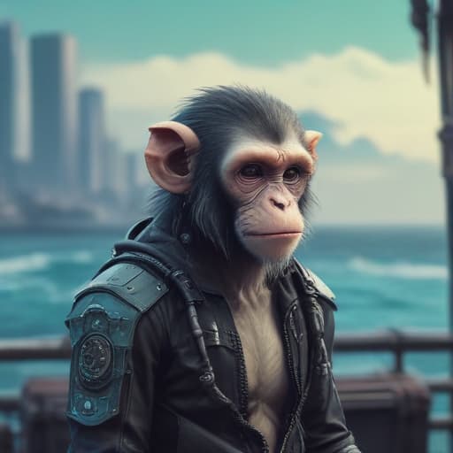 Monkey in Cyberpunk style with Oceans background