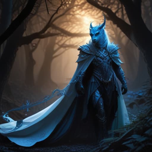 In a dark and mystical forest, a figure emerges from the shadows. The Dark Rider Of Blue Eyes commands attention with his piercing gaze and majestic aura. Clad in flowing robes adorned with intricate symbols, he rides atop a fierce Blue Eyes White Dragon, their bond unbreakable. The moonlight casts an eerie glow, illuminating the powerful duo as they navigate through the enchanted woods. The scene is both captivating and foreboding, a testament to the dark power they possess. fantastical creatures or characters inspired by mythology, folklore, or popular culture. use vibrant colors, sharp lines, intricate details, dynamic poses, dramatic lighting, atmospheric backgrounds, and blend anime, manga, and Western comic influences.