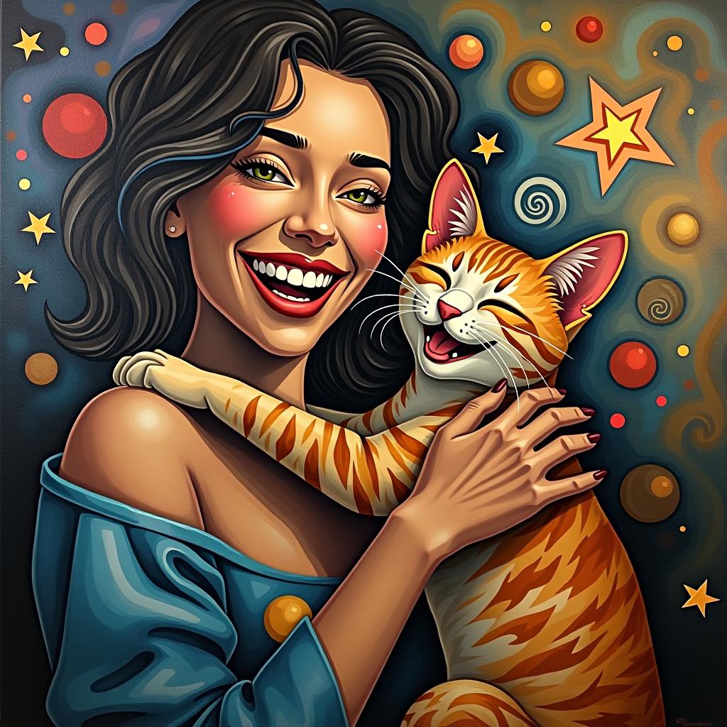  cubist artwork masterpiece. painting, oil painting, laughing reiki cat lady hugging happy cat, intense close up, stars, dots and swirls pattern. highly detailed strokes, clarity. fantasy style, surrealism. . geometric shapes, abstract, innovative, revolutionary hyperrealistic, full body, detailed clothing, highly detailed, cinematic lighting, stunningly beautiful, intricate, sharp focus, f/1. 8, 85mm, (centered image composition), (professionally color graded), ((bright soft diffused light)), volumetric fog, trending on instagram, trending on tumblr, HDR 4K, 8K