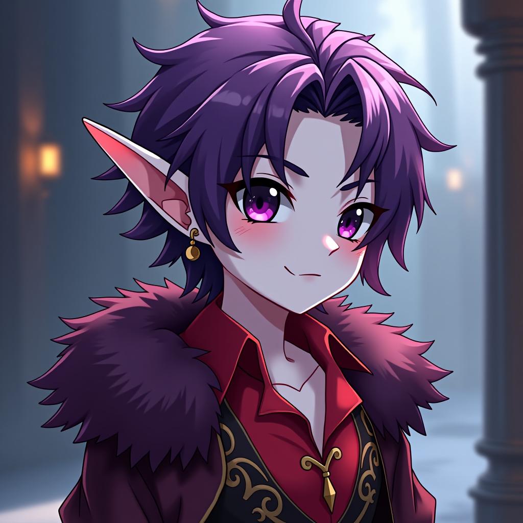  kawaii style dark elf male pirate marble white skin, purple scarlet hair, lavender eyes with a red tint, dressed in a red violet shirt embroidered with red gold over the shirt wears a leather coat with a fur collar of dark scarlet, disheveled hair. an earring in the right ear, in the shape of a month. tattoo of a jagged crescent moon near the left eye socket the crescent moon is turned towards the eye . cute, adorable, brightly colored, cheerful, anime influence, highly detailed hyperrealistic, full body, detailed clothing, highly detailed, cinematic lighting, stunningly beautiful, intricate, sharp focus, f/1. 8, 85mm, (centered image composition), (professionally color graded), ((bright soft diffused light)), volumetric fog, trending on instagram, trending on tumblr, HDR 4K, 8K