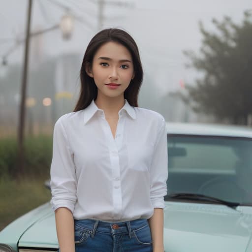 one beautiful young Indonesia with preety eyes standing in one pose on the car on the hood, ((one standing in one pose)), , ((in the simple shirt and )), very skinny, ,((looking at viewer)), smile, ((pretty eyes)), close-up,, (((in simple clothes)))cute  hyperrealistic, full body, detailed clothing, highly detailed, cinematic lighting, stunningly beautiful, intricate, sharp focus, f/1. 8, 85mm, (centered image composition), (professionally color graded), ((bright soft diffused light)), volumetric fog, trending on instagram, trending on tumblr, HDR 4K, 8K