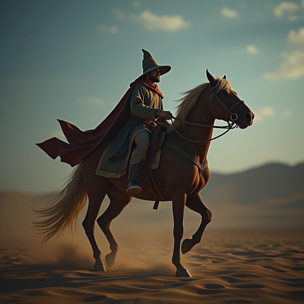  a wizard riding a horse, oil painting, in a desert, flashlight, hdr 4k hyperrealistic, full body, detailed clothing, highly detailed, cinematic lighting, stunningly beautiful, intricate, sharp focus, f/1. 8, 85mm, (centered image composition), (professionally color graded), ((bright soft diffused light)), volumetric fog, trending on instagram, trending on tumblr, HDR 4K, 8K