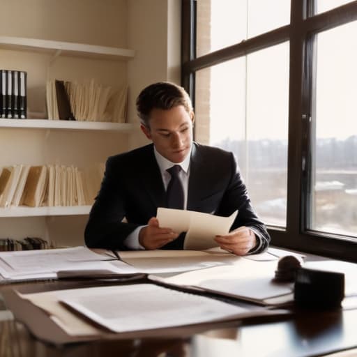 A photo of a confident car accident attorney studying case files in a sleek and modern law office during late afternoon with warm, golden sunlight streaming through large windows, casting long shadows on the desk and emphasizing the stacks of legal documents and a scale of justice on the table.