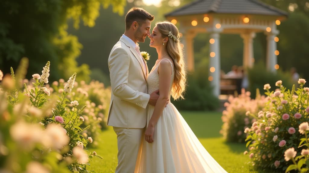  create an image with the following specifications: main subject: description: a romantic couple standing in a lush garden, surrounded by late summer flowers. the bride is wearing a flowing white dress with delicate lace details, while the groom is in a light colored suit.. style: realistic, soft focus. setting: location: an elegant garden with a small gazebo in the background, decorated with fairy lights. composition: framing: wide shot capturing the couple in the foreground with the garden and gazebo visible behind them. style: art movement: contemporary romantic realism. technique: soft focus photography with natural lighting. atmosphere: mood: warm, romantic, and joyful. color palette: dominant colors: soft whites, warm golds, deep hyperrealistic, full body, detailed clothing, highly detailed, cinematic lighting, stunningly beautiful, intricate, sharp focus, f/1. 8, 85mm, (centered image composition), (professionally color graded), ((bright soft diffused light)), volumetric fog, trending on instagram, trending on tumblr, HDR 4K, 8K