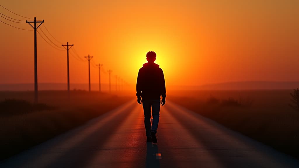  images about horror stories, a serene image of an empty road under a setting sun, symbolizing lost hopes and dreams. hyperrealistic, full body, detailed clothing, highly detailed, cinematic lighting, stunningly beautiful, intricate, sharp focus, f/1. 8, 85mm, (centered image composition), (professionally color graded), ((bright soft diffused light)), volumetric fog, trending on instagram, trending on tumblr, HDR 4K, 8K