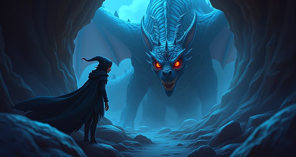  an elf with a sinister expression, lurking in the shadows of a jewel encrusted cave, unaware of the glowing eyes of a dragon watching from the depths.. the style is digital art illustration,highly detailed, whimsical,magical, dreamlike atmosphere, realism and fantasy blend, smooth, glossy textures,luminous quality, wonder and enchantment.