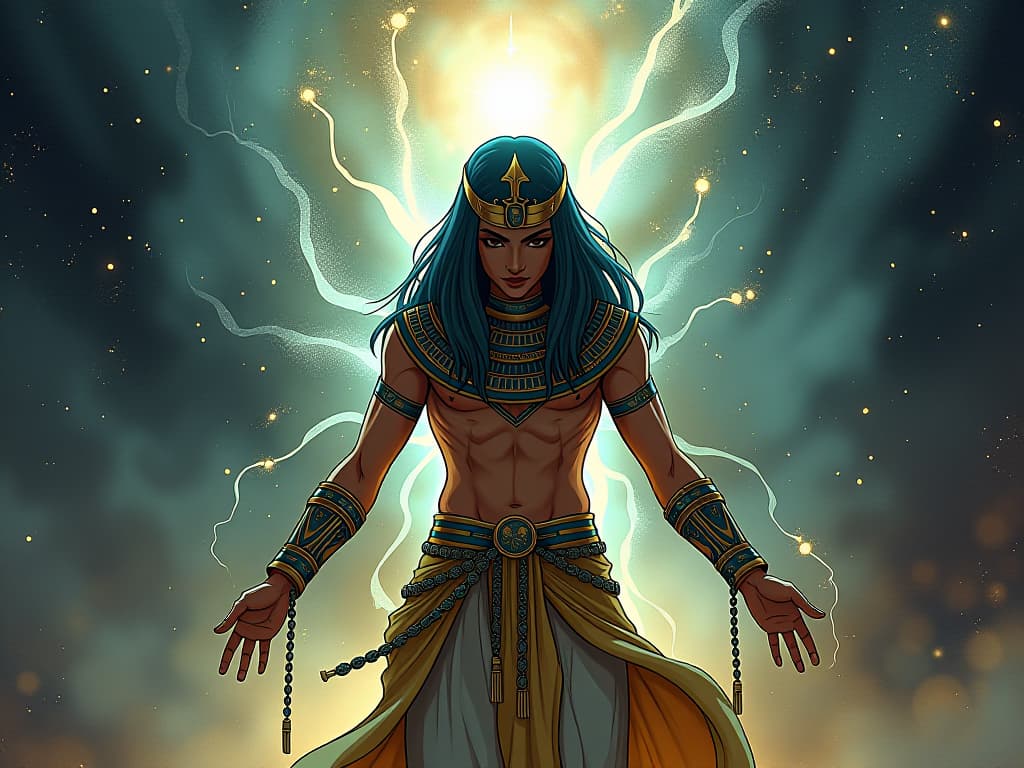  a cosmic force channeling through a person, altering physical reality, aura of metaphysical force. the style is digital art illustration / modern comic book / mysterious occult, symbolic, esoteric vibe,high detail on character design, incorporating ancient egyptian symbology and attire.